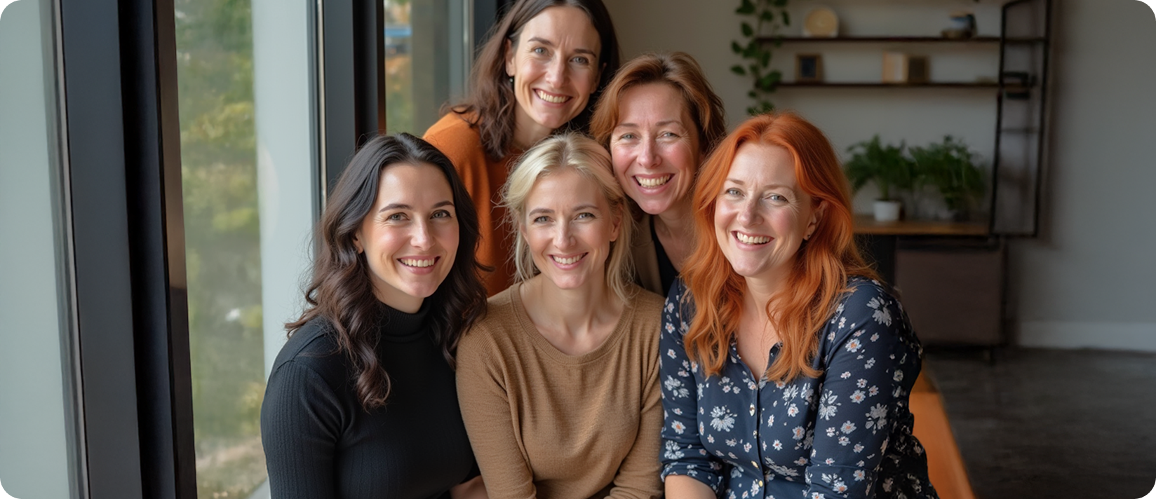 5 weiße Frauen, im Hintergrund ein Wohnzimmer. die 3 Frauen in der vorderen Reihe sind schwarzhaarig, blond und rothaarig (von links). Die Frauen in der hinteren Reihe sind beide braunhaarig. 